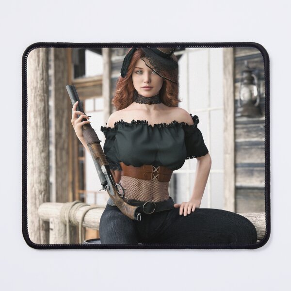 Aperçu de l'œuvre Portrait d'une femme rousse impertinente assise posant avec un fusil de chasse et des vêtements et un arrière-plan traditionnels sur le thème de l'ouest. rendu 3D créée et vendue par DigitalStorm.