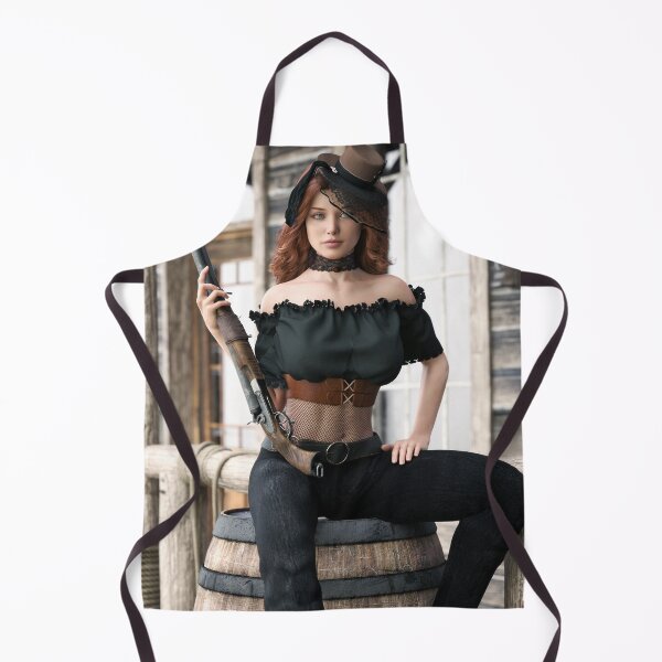 Aperçu de l'œuvre Portrait d'une femme rousse impertinente assise posant avec un fusil de chasse et des vêtements et un arrière-plan traditionnels sur le thème de l'ouest. rendu 3D créée et vendue par DigitalStorm.