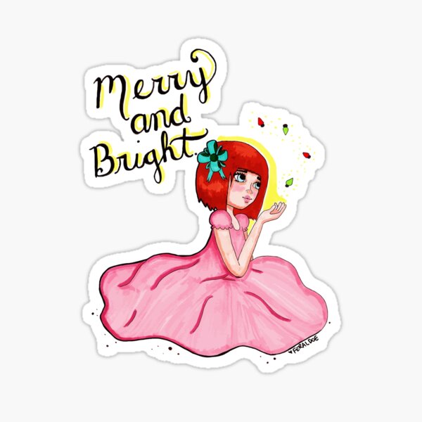 Merry and Bright Holiday Lights Girl Illustration Sticker