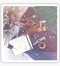Old vintage camera and blank diary on the wooden background. Photography love Sticker