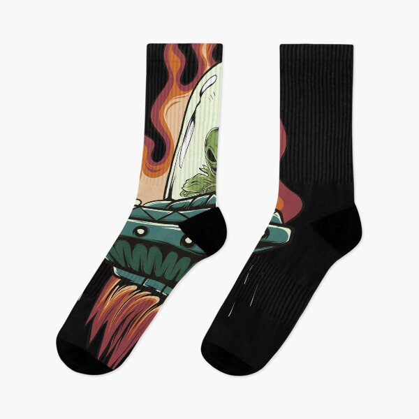 Item preview, illustration of alien head and ufo with fire for t-shirt design and print designed and sold by TOKO ORENN.