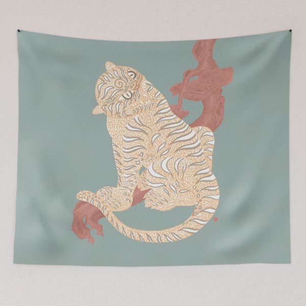 Item preview, BeigeTiger with sage green -Minhwa Korean folk art designed and sold by joyfultaylor.