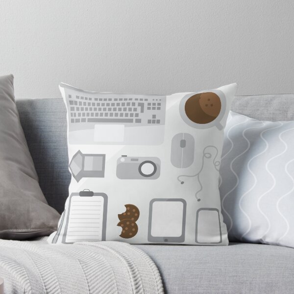 Item preview, Geek illustration. Things left on the desk in order: coffee, laptop, tablet, smartphone, camera, mouse, headphones, cookies, notepad, pencil and photos. Gray colors designed and sold by aquapixel.