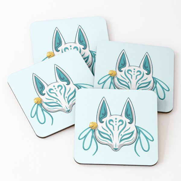 Item preview, Turquoise Kawaii Kabuki Fox Mask - Traditional Japanese Mask designed and sold by ShyOwlet.
