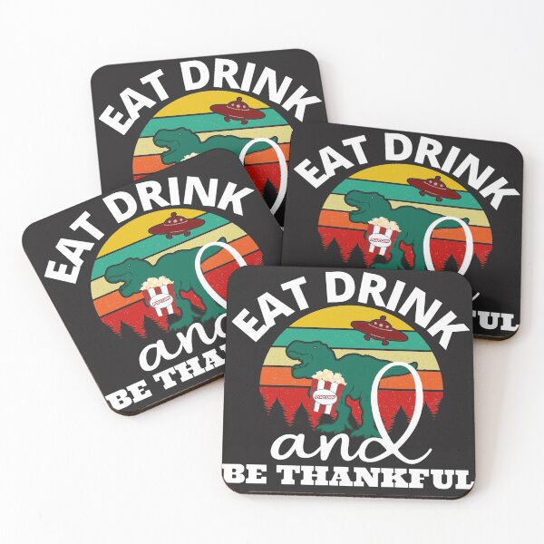 Item preview, Eat Drink and be Thankful (Drunk T-Rex with UFO) designed and sold by UnboundFull.