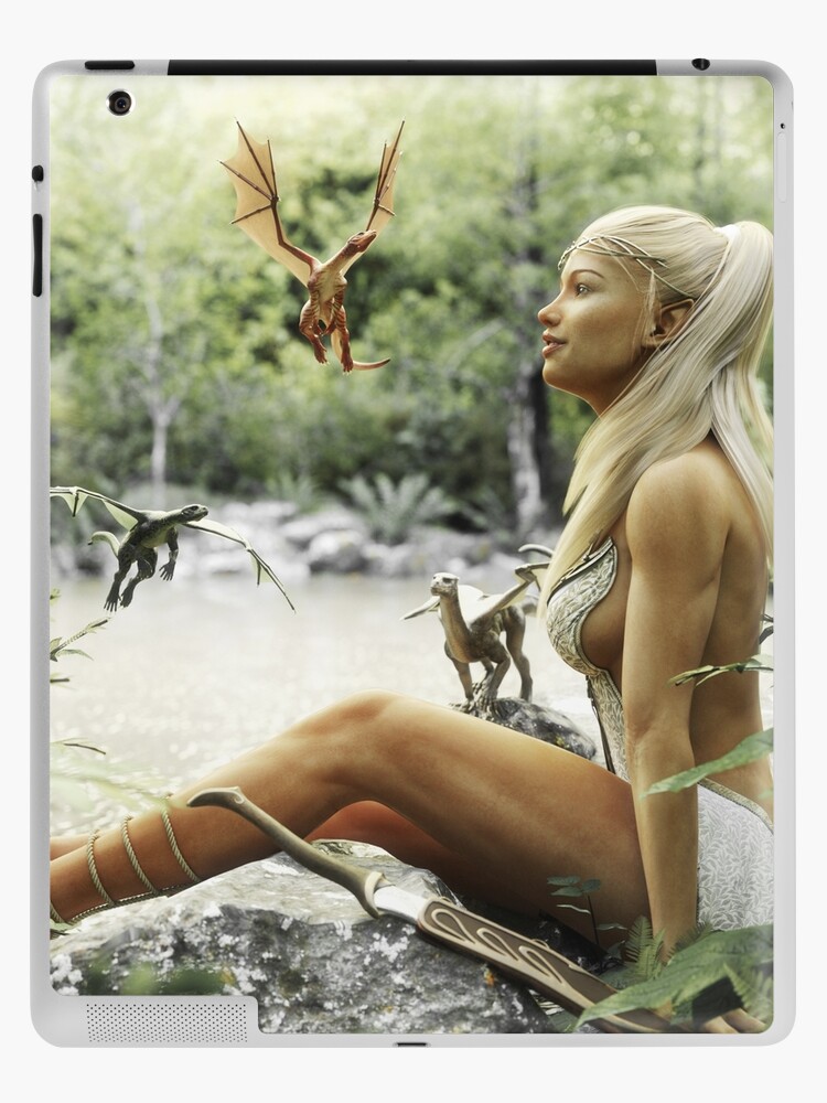 Lámina fotográfica for Sale con la obra «Retrato de una mujer elfa de los  bosques de fantasía con largo cabello dorado y su mítico dragón verde.» de  DigitalStorm