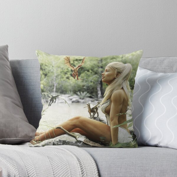 Item preview, Elegant Elven blonde female relaxing by a mythical forest pond with her baby dragons. Fantasy mythical 3d rendering designed and sold by DigitalStorm.