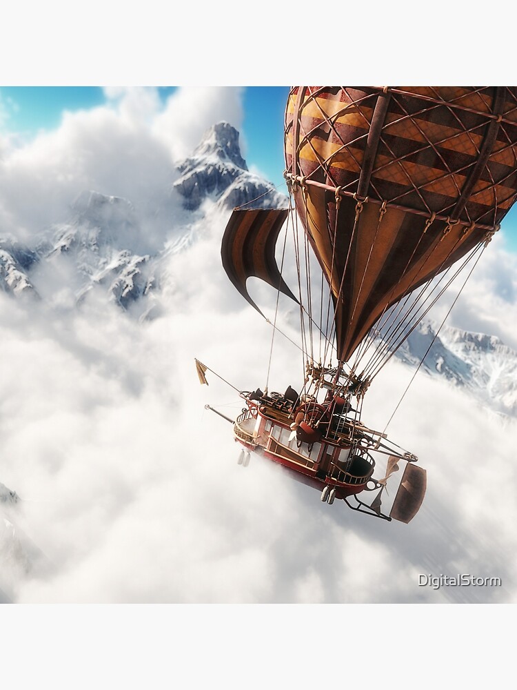 Photo & Art Print Fantasy concept of a pirate ship sailing through the  clouds with snow cap mountains in background