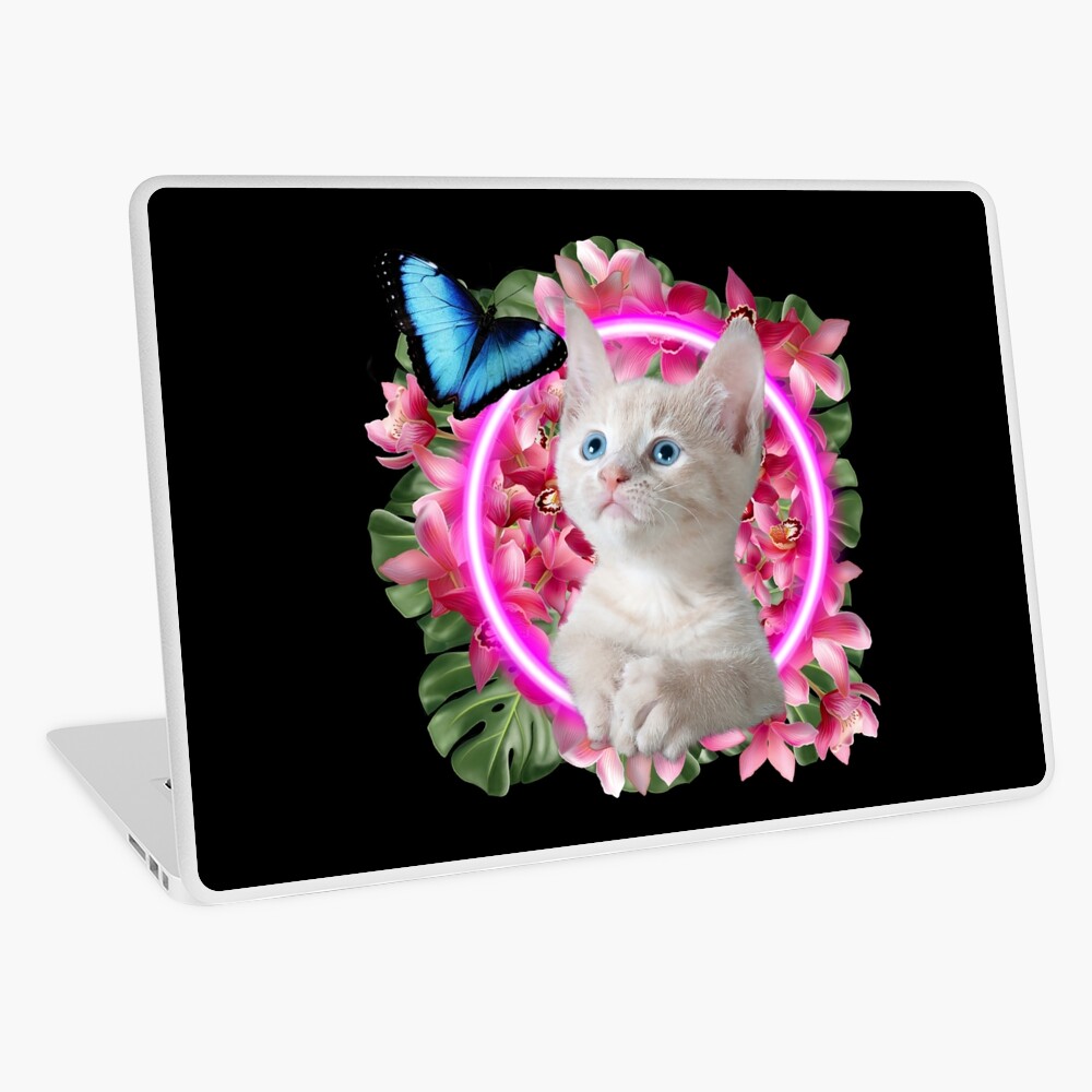 Coque Et Skin Adhesive Ipad Chaton Mignon Avec Papillon Bleu Sur Fond Tropical Neon Par Gogomojito Redbubble