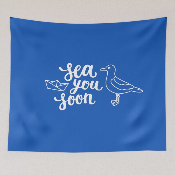 Item preview, Sea you soon hand lettering on blue background designed and sold by Darina Gulbina.