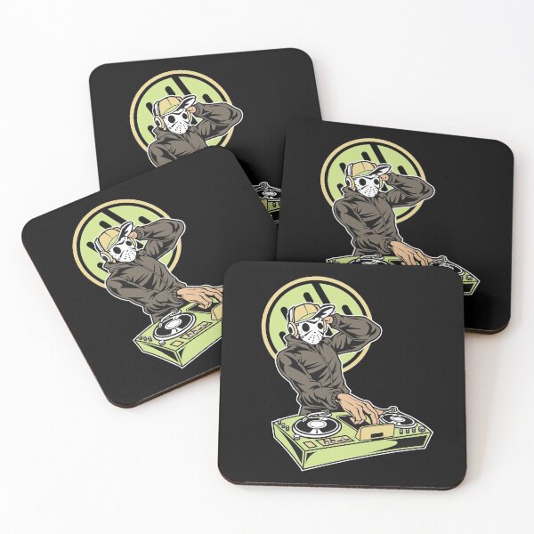 Item preview, DJ in mask playing on mixer on black  designed and sold by coffeeapparel.