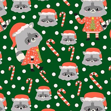 Artwork thumbnail, Christmas Racoon Pattern Design Green by racharanha