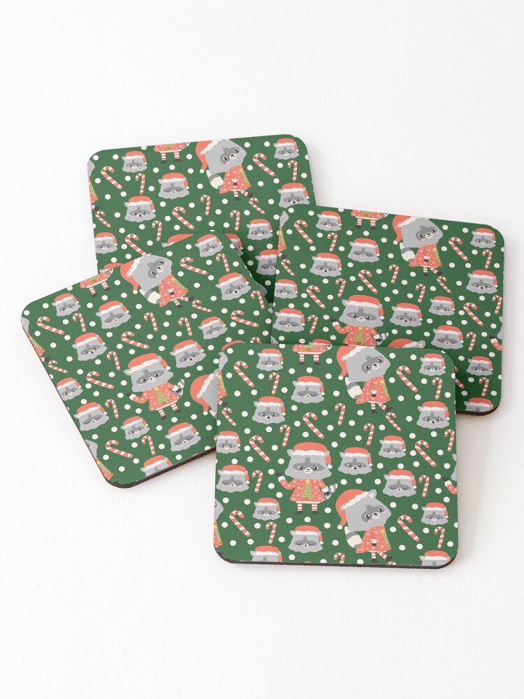 Thumbnail 1 of 5, Coasters (Set of 4), Christmas Racoon Pattern Design Green designed and sold by racharanha.