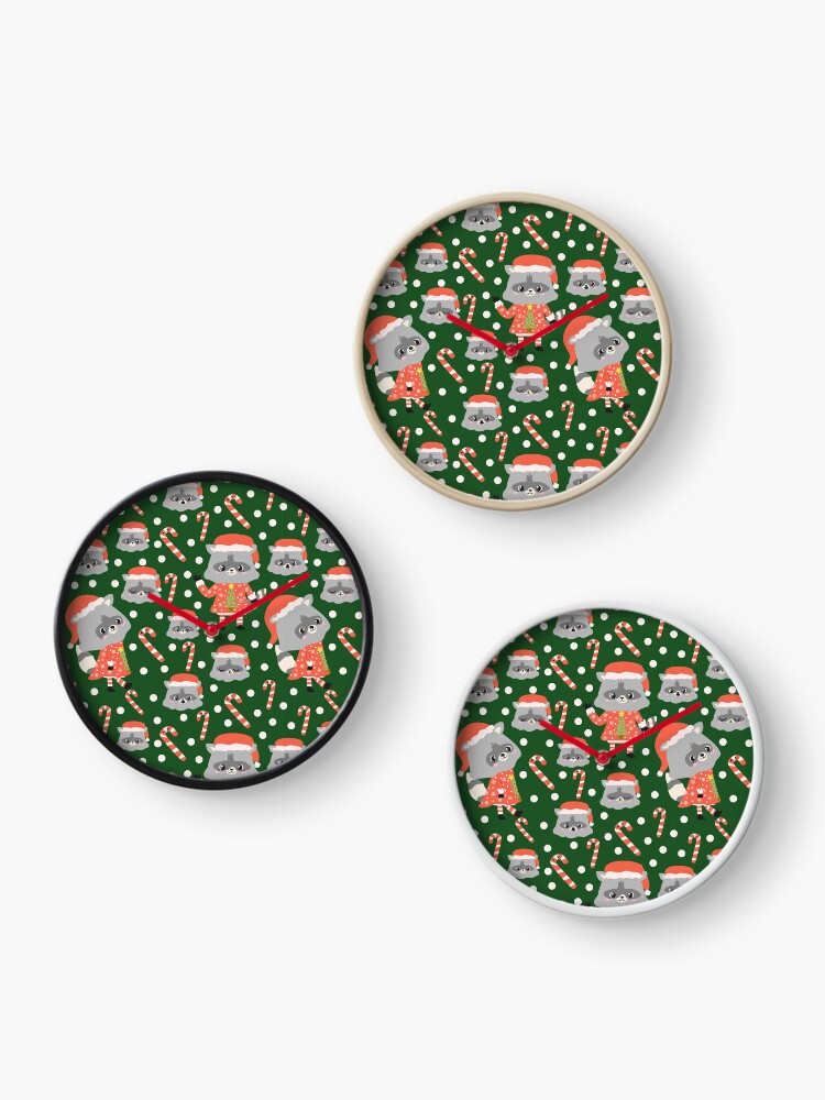 Thumbnail 3 of 4, Clock, Christmas Racoon Pattern Design Green designed and sold by racharanha.