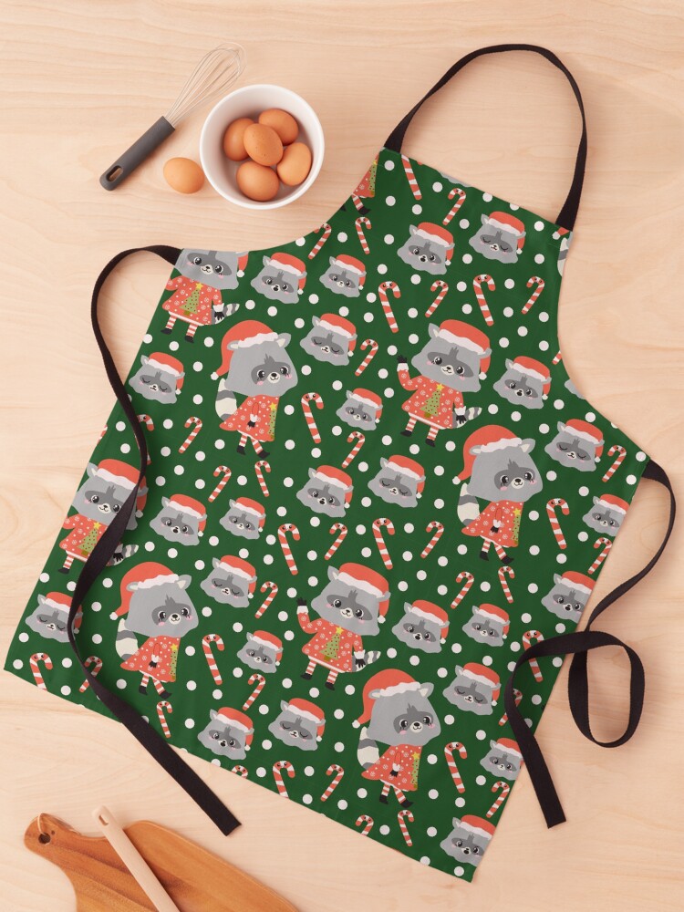 Thumbnail 1 of 6, Apron, Christmas Racoon Pattern Design Green designed and sold by racharanha.