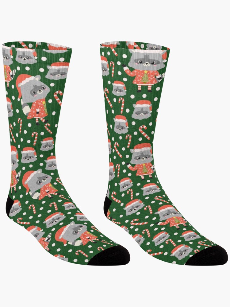 Thumbnail 3 of 5, Socks, Christmas Racoon Pattern Design Green designed and sold by racharanha.