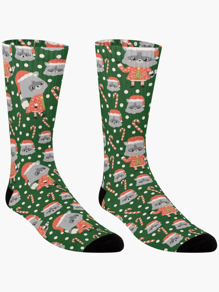Thumbnail 3 of 5, Socks, Christmas Racoon Pattern Design Green designed and sold by racharanha.