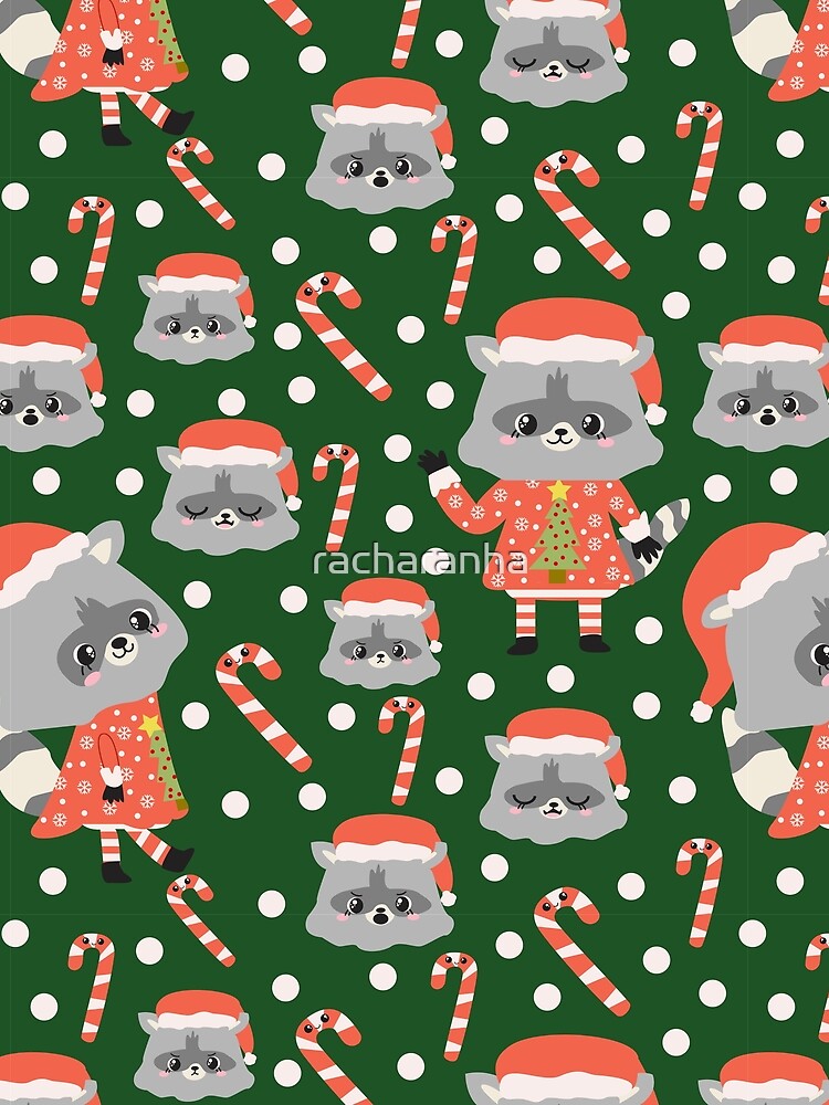 Thumbnail 3 of 3, Scarf, Christmas Racoon Pattern Design Green designed and sold by racharanha.