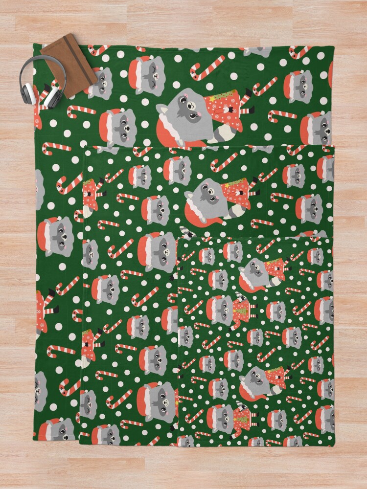 Thumbnail 5 of 6, Throw Blanket, Christmas Racoon Pattern Design Green designed and sold by racharanha.