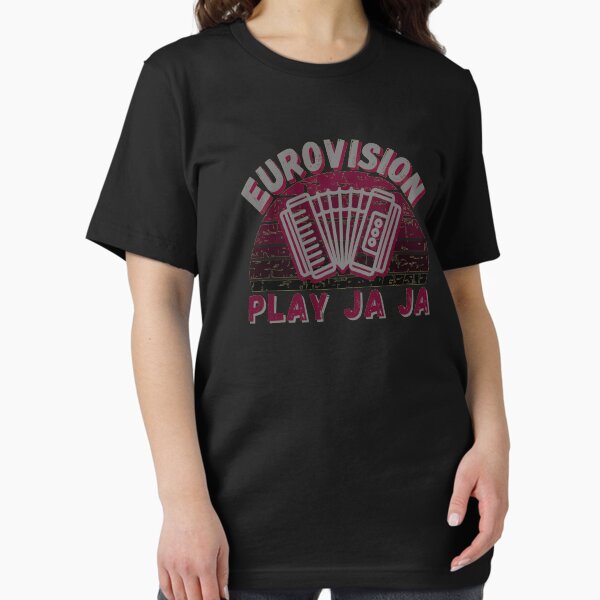 Artikel-Vorschau von Eurovision Play Ja Ja - Retro Akkordeon auf Sunset Burgundy Distressed on Black - Original von Boo-da-chay, designt und verkauft von Boo-da-chay.