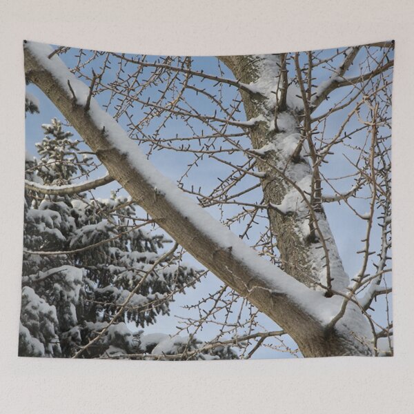 Item preview, Snow Covered Ginkgo Tree Branches and Evergreen with Blue Sky designed and sold by JariHawk.