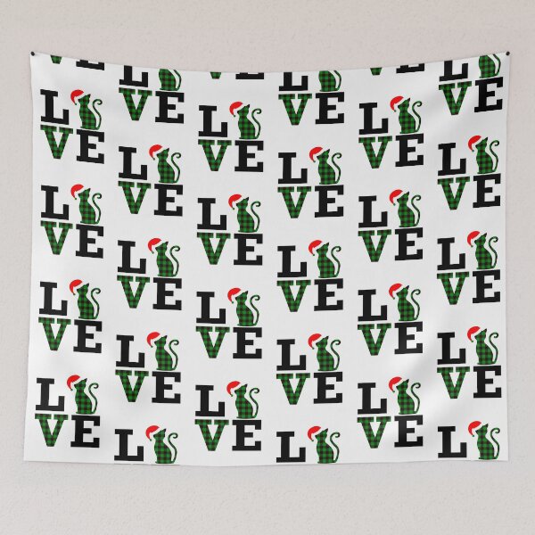 Item preview, LOVE Cute Christmas Cat with Santa Hat Green Buffalo Plaid Pattern designed and sold by SpringMoonPress.