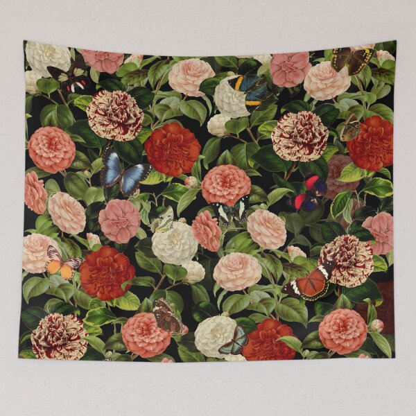 Item preview, Camellias with Butterflies - Floral Vintage Pattern on Dark Background designed and sold by GraphicBicycle.