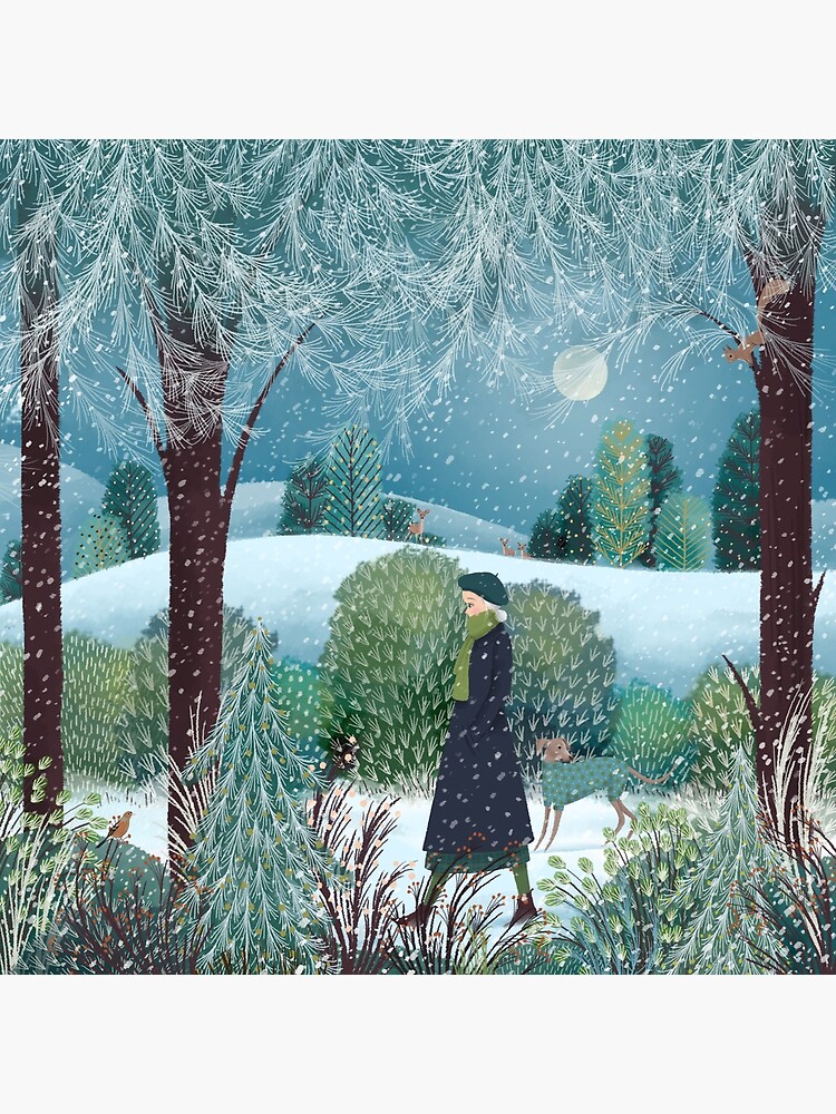 Thumbnail 3 of 3, Art Print, Dog Walk in the Snow designed and sold by JANE NEWLAND.