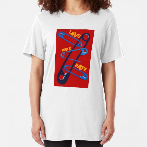 Love Beat Hate Red and Blue Safety Pins Slim Fit T-Shirt