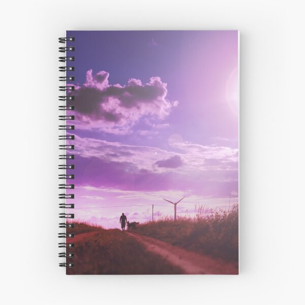 Item preview, Man walking with his dog on the field with windmills. Beautiful nature background with setting sun and pink sky designed and sold by aquapixel.