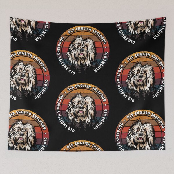 Item preview, Old English Sheepdog distressed sunset retro dog face design designed and sold by SamRVstore.
