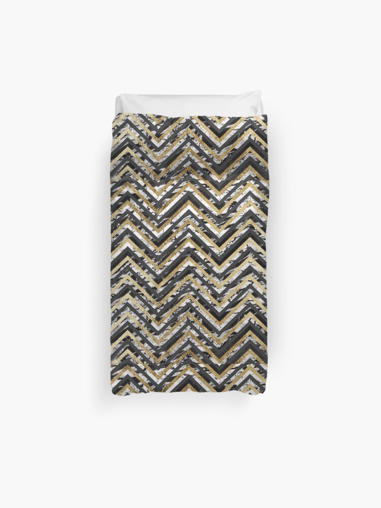 Black And White Marble And Gold Chevron Zigzag Duvet Cover By