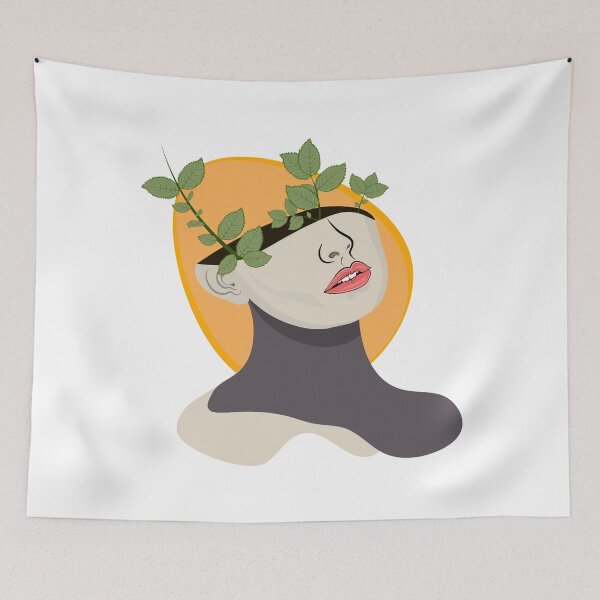 Item preview, Beautiful female face with green leaves of plant on pastel yellow background. Copy space for ad, text. Modern design. Conceptual, contemporary bright artcollage. designed and sold by KARTICK DUTTA.