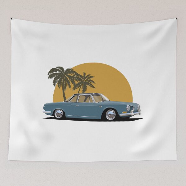 Item preview, Blue Karmann Ghia Type 34 Razor with palm tree sunset background designed and sold by Hamilton illustrations.