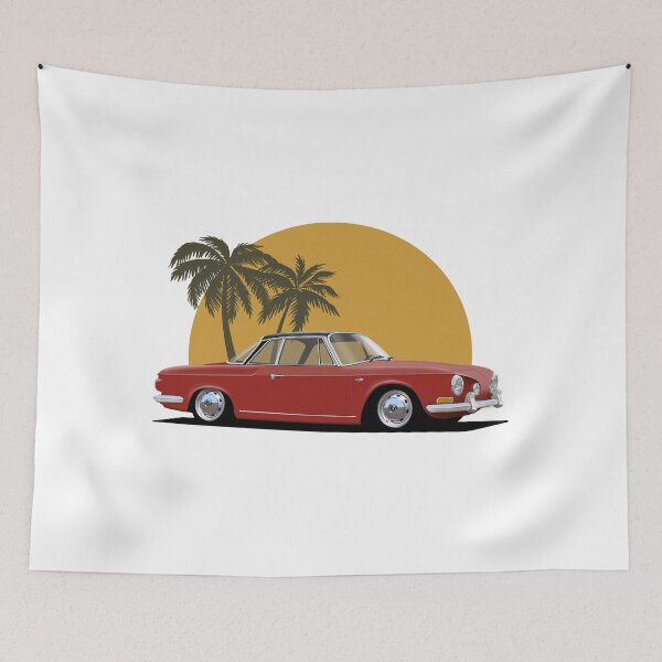 Item preview, Red Karmann Ghia Type 34 Razor with palm tree sunset background designed and sold by Hamilton illustrations.