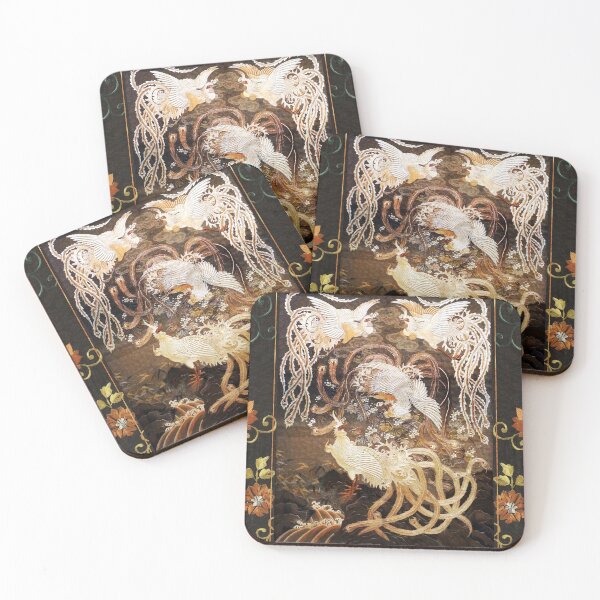 Item preview, FLYING WHITE  PHOENIXES AMONG FLOWERS Antique Japanese Floral designed and sold by BulganLumini.