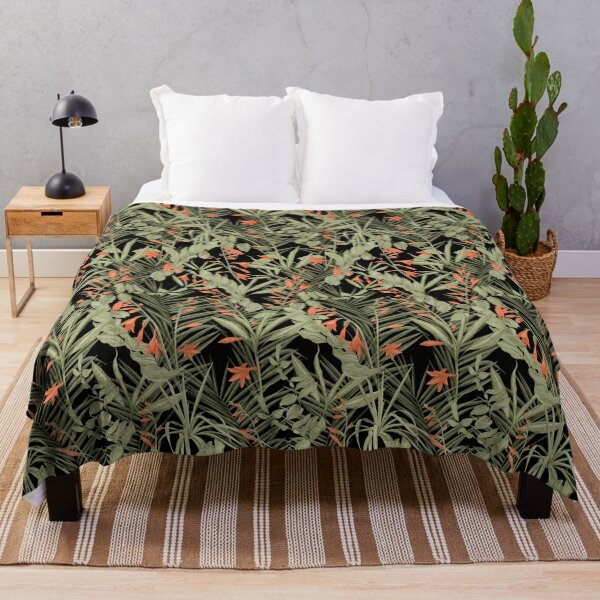 Item preview, Sage-green foliage pattern with coral flowers on a black  background designed and sold by ANAKOTO.