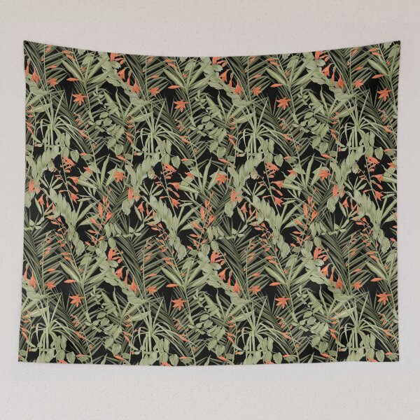 Item preview, Sage-green foliage pattern with coral flowers on a black  background designed and sold by ANAKOTO.