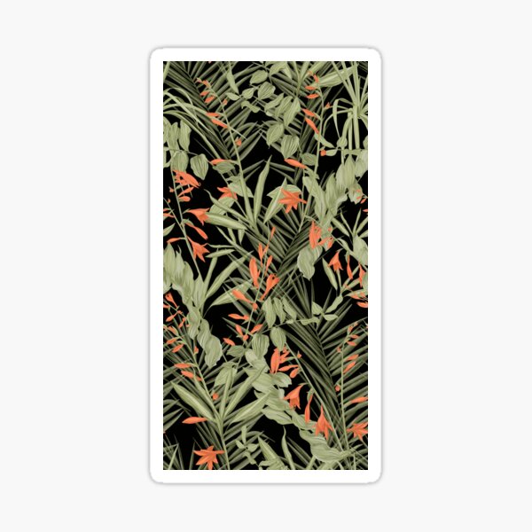 Sage-green foliage pattern with coral flowers on a black  background Sticker