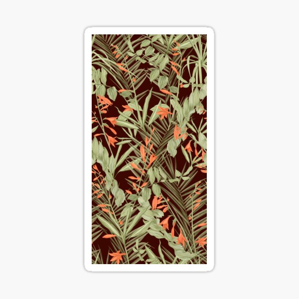 Sage-green foliage pattern with coral flowers on a brown background Sticker