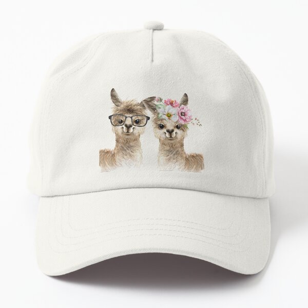 llamas funny and cute male and female llamas illustration Dad Hat