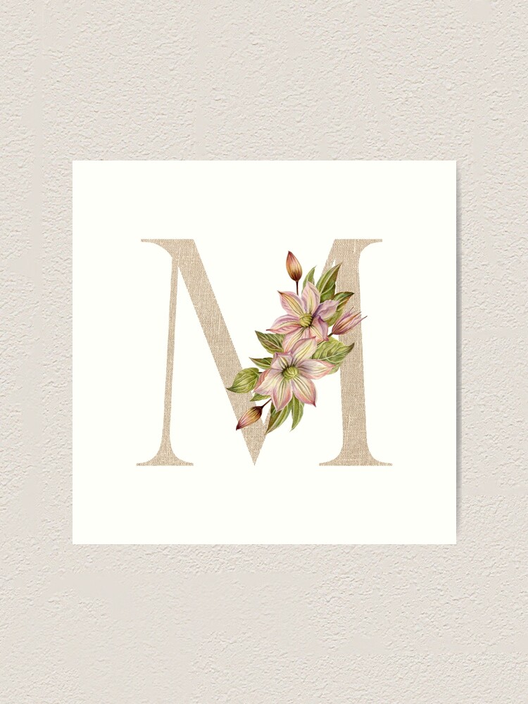 "Vintage Beige Letter M With Abstract Flowers and Leaves. Floral Letter