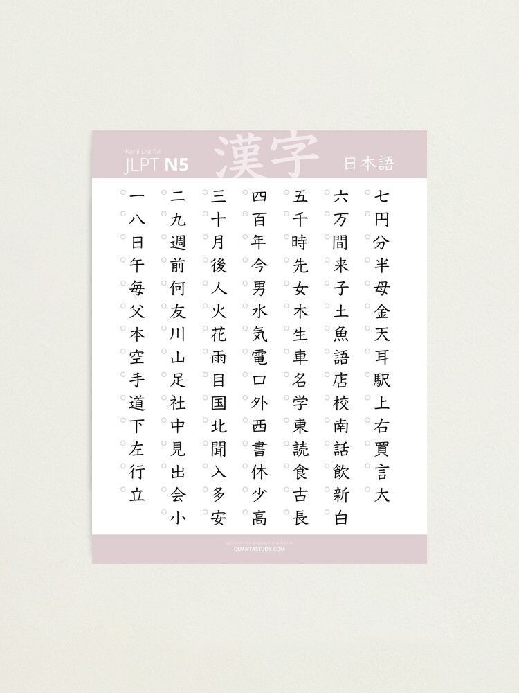 Jlpt N5 Japanese Kanji Poster Pink Photographic Print For Sale By Quantastudy Redbubble