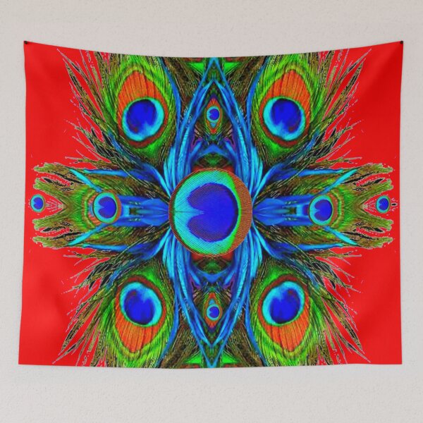 Item preview,   BLUE ABSTRACT PEACOCK FEATHERS RED ART designed and sold by sharlesart.