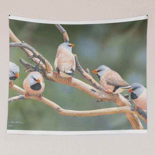 Item preview, "Quintet" (Long-tailed Finches) designed and sold by Frances McMahon Watercolour Bird Artist.