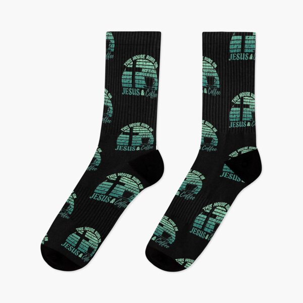 Item preview, This House Runs on JESUS and Coffee on Turquoise Distressed Sunset on Black - by Boo-da-chay designed and sold by Boo-da-chay.