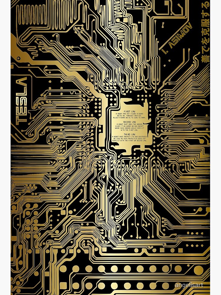 Gold color gradient computer electronic circuit, Asimov tribute 