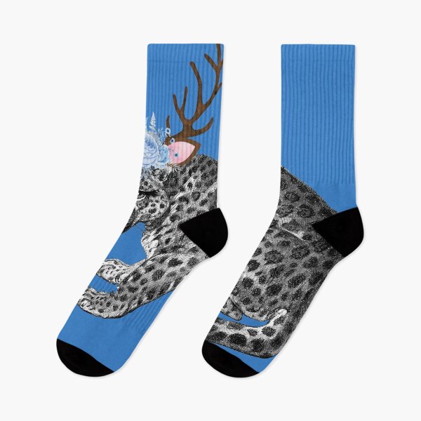 Item preview, Funny Snow Leopard with Reindeer Antlers and Blue Flowers designed and sold by SeaChangeDesign.