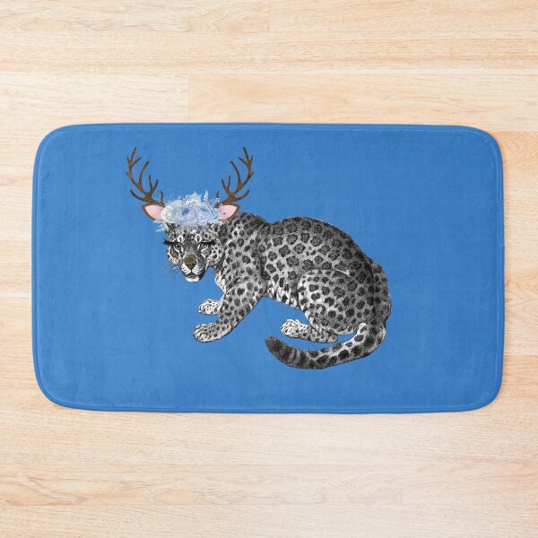 Item preview, Funny Snow Leopard with Reindeer Antlers and Blue Flowers designed and sold by SeaChangeDesign.