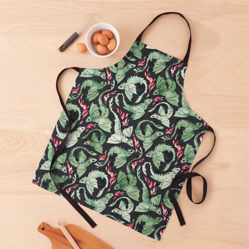 Dragon fire dark green on black Apron
